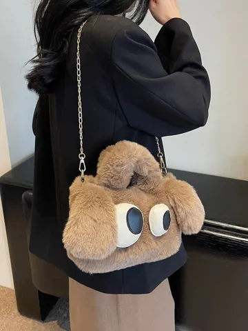 Cartoon Große Augen Welpen Plüsch Beuteltasche Für Damen Süße Pelzige Handtasche Mit Metallkette Umhängetasche