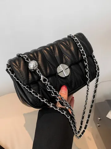 Damen Gesteppte Ketten-Umhängetasche PU-Leder V-Muster Rautenmuster Schultertasche Mit Rundem Metall-Drehverschluss Und Verstellbarem Metallkugel-Kettengurt Modische Kleine Quadratische Tasche Für Den Alltag Party