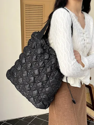 Women Quilted Puffer Tote Bag Large Capacity Solid Color Shoulder Bag With Drawstring And Magnetic Snap Casual Handbag