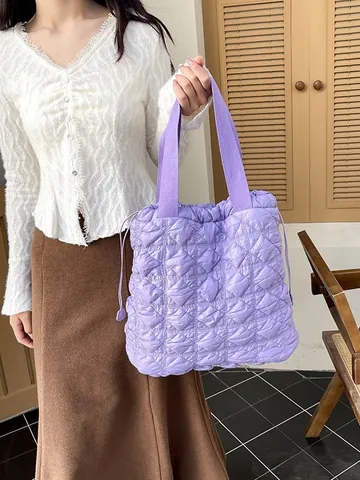 Women Quilted Puffer Tote Bag Large Capacity Solid Color Shoulder Bag With Drawstring And Magnetic Snap Casual Handbag