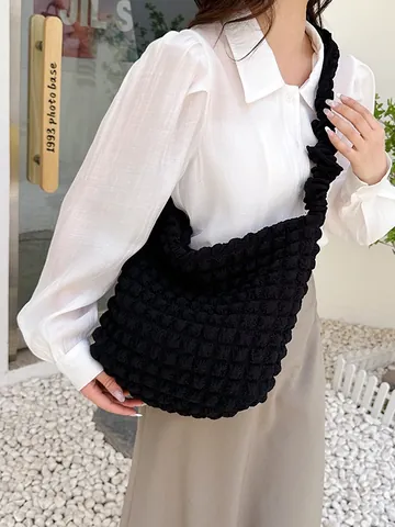 Popcorn Texture Bubble Fabric Large Capacity Shoulder Bag Pleated Cloud Tote Bag For Women Casual Commuter Solid Color Zipper Handbag