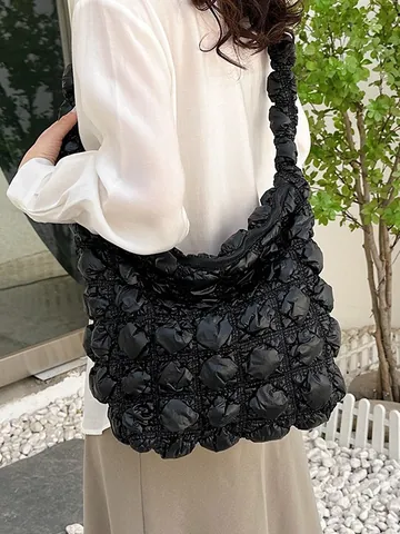 Women Fashion Ruched Cloud Tote Bag Large Capacity Quilted Puffy Shoulder Bag Metallic Silver Solid Color Casual Handbag
