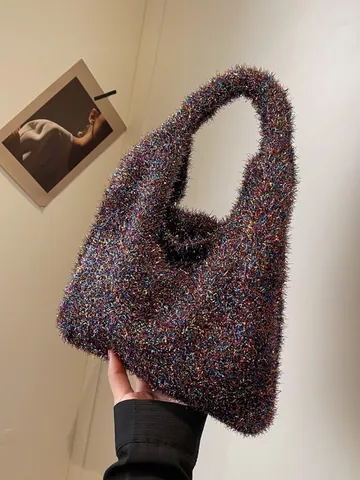 Korean Style Shiny Metallic Silk Plush Underarm Bag For Women Fashion Fuzzy Sequin Shoulder Bag Faux Fur Tote Handbag Commuter Hobo Bag
