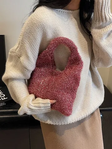 Korean Style Shiny Metallic Silk Plush Underarm Bag For Women Fashion Fuzzy Sequin Shoulder Bag Faux Fur Tote Handbag Commuter Hobo Bag