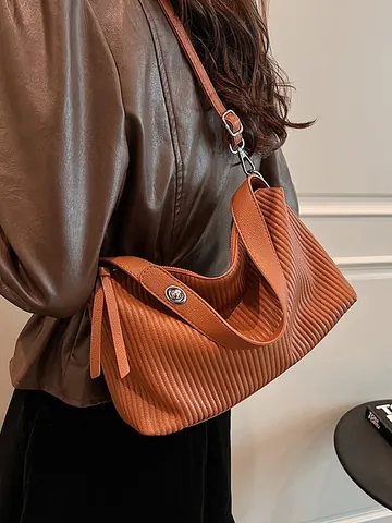 Bolso Hobo Plegado Vintage para Mujer de Cuero PU Color Sólido Bolso Tote Bandolera de Rayas Con Correa de Hombro Ajustable