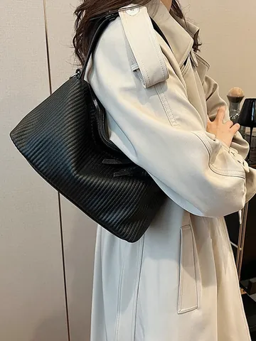 Bolso Hobo Plegado Vintage para Mujer de Cuero PU Color Sólido Bolso Tote Bandolera de Rayas Con Correa de Hombro Ajustable