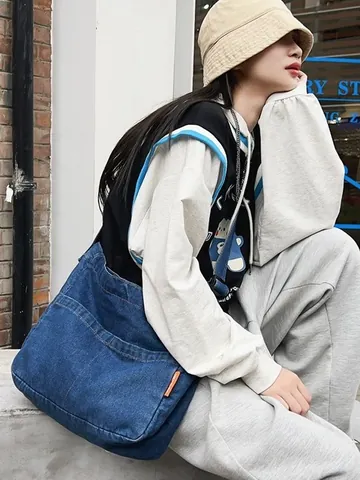 Vintage Gewaschen Denim Umhängetasche Für Damen Herren Große Kapazität Tote Schultertasche Verstellbarer Gurt Casual Schultasche