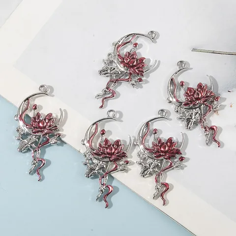 Alloy Lotus Crescent Moon Pendants Vintage Enamel Floral Jewelry Making Charms For Necklace Bracelet Earrings Accessories