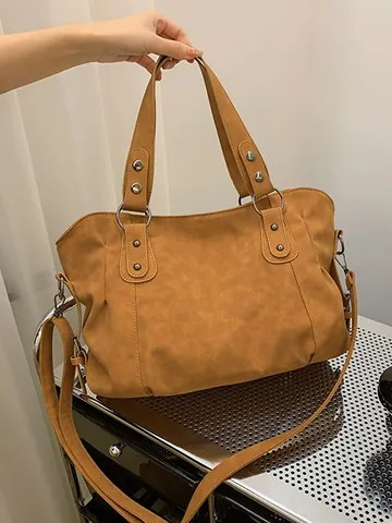 Bolso Tote de Cuero PU Vintage de Gran Capacidad Para Mujer Con Remaches Bolso de Hombro Mensajero Para Uso Diario Viajes