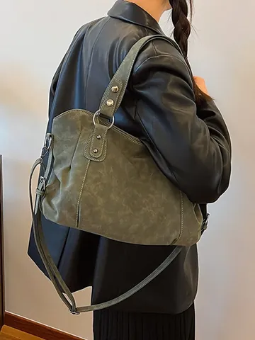 Bolso Tote de Cuero PU Vintage de Gran Capacidad Para Mujer Con Remaches Bolso de Hombro Mensajero Para Uso Diario Viajes