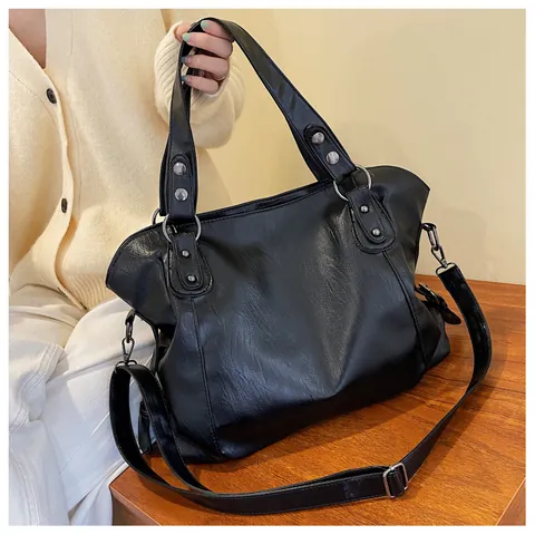 Women Large Capacity Vintage PU Leather Tote Bag Minimalist Rivet Decor Shoulder Crossbody Bag Fashion Commuter Handbag