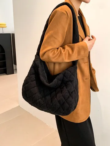 Borsa a Tracolla Trapuntata in Velluto a Coste da Donna Grande Capacità Casual Retro Rombo Hobo Tote Bag Per Ufficio Pendolare Quotidiano