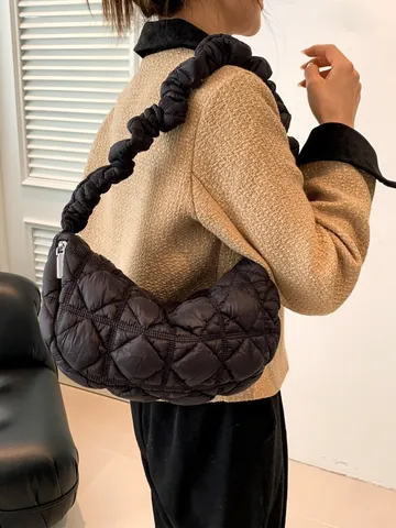Damen Gesteppte Wolken-Tasche Falten Schultergurt Rautenmuster Leichte Baumwolle Schultertasche Mode Casual Dumpling Umhängetasche