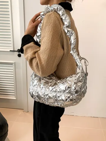 Damen Gesteppte Wolken-Tasche Falten Schultergurt Rautenmuster Leichte Baumwolle Schultertasche Mode Casual Dumpling Umhängetasche