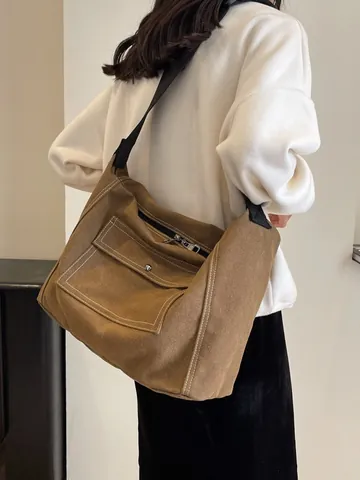 Bolso Tote Grande de Lona Costuras de Contraste Bolso Mensajero Vintage para Mujer Hombre Casual Bandolera Correa Ajustable