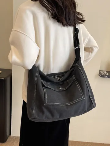 Bolso Tote Grande de Lona Costuras de Contraste Bolso Mensajero Vintage para Mujer Hombre Casual Bandolera Correa Ajustable