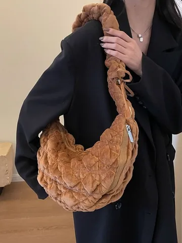 Dames Fluweel Gevoerd Hobo Tas Grote Capaciteit Cloud Geplooide Schoudertas Casual Crossbody Dumpling Tas Effen Kleur Mode