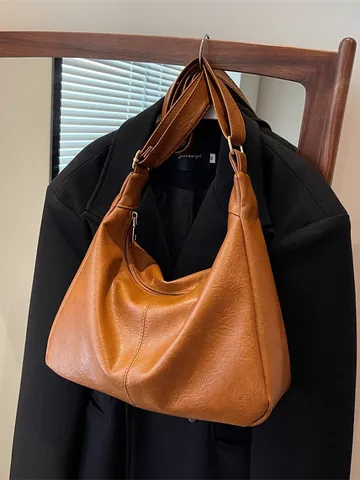Vintage Grote Capaciteit PU Lederen Hobo Tote Bag Voor Vrouwen Retro Effen Kleur Schoudertas Minimalistische Pendelaar Kantoor Handtas