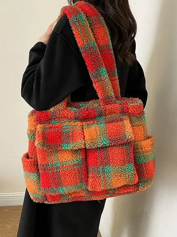 Borsa Tote in Peluche a Quadretti di Grande Capacità per Donna Autunno Inverno Borsa a Spalla in Lana di Agnello con Tasche a Patta