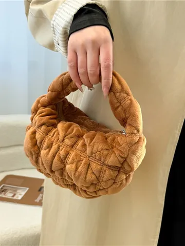 Dames Gewatteerd Fluweel Handtas Wolk Geplooide Mini Dumpling Tas Effen Kleur Zacht Pluche Okseltas Voor Dagelijks Daten Winkelen