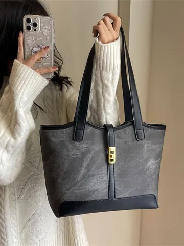 Bolso Tote de Gran Capacidad Retro Francés para Mujer Bloque de Color Moda Cuero de PU Bolso de Hombro Commuter con Cierre de Metal