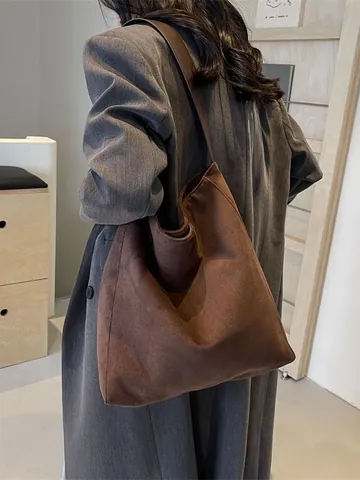 Vintage Large Capacity Suede Tote Bag Women Wide Strap Hobo Shoulder Bag Casual Minimalist Crossbody Daily Office Bag