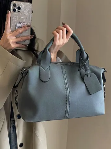 Retro Large Capacity Boston Bag PU Leather Frosted Handbag Commuter Tote Shoulder Bag With Removable Strap For Women