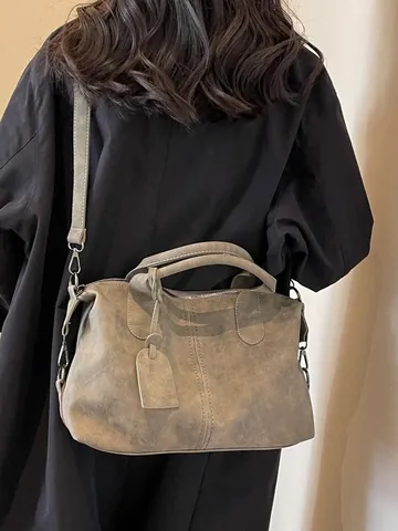 Retro Large Capacity Boston Bag PU Leather Frosted Handbag Commuter Tote Shoulder Bag With Removable Strap For Women