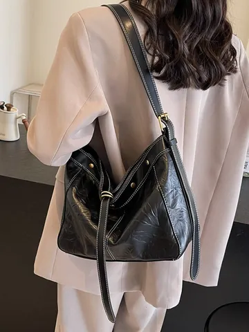 Sac Fourre-tout en Cuir PU Grande Capacité Vintage Texture Plissée Sac à Épaule Femme Décontracté Trajet Sac sous le Bras Avec Surpiqûres Contrastées