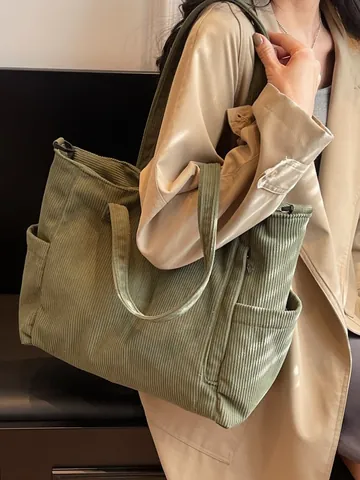 Women Large Capacity Corduroy Tote Bag Commuter Student Shoulder Bag With Adjustable Strap Casual Solid Color Handbag