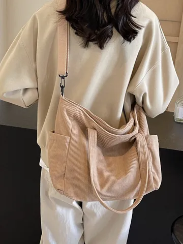 Women Large Capacity Corduroy Tote Bag Commuter Student Shoulder Bag With Adjustable Strap Casual Solid Color Handbag