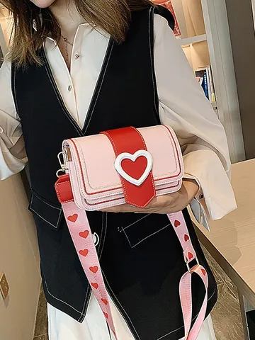 Dames Koreaanse Mode Contrastkleur PU Leer Hart Kleine Vierkante Crossbodytas Met Hartpatroon Brede Schouderband Zoete Handtas