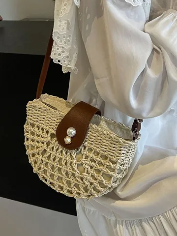 Borsa a Tracolla da Donna in Paglia Vintage Francese Intrecciata a Griglia a Semicerchio con Decorazione di Künstliche Perle e Patta in Pelle PU