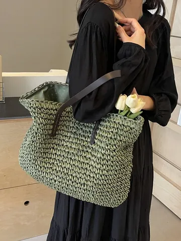 Large Capacity Straw Woven Tote Bag For Women Handwoven Beach Bag With PU Leather Shoulder Straps Casual Summer Vacation Shoulder Bag