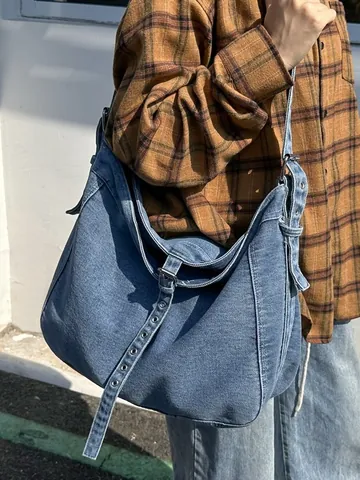 Damen Große Kapazität Denim Schultertasche Vintage Hobo Umhängetasche Mit Verstellbarem Metallösen Gurt Pendler Tote
