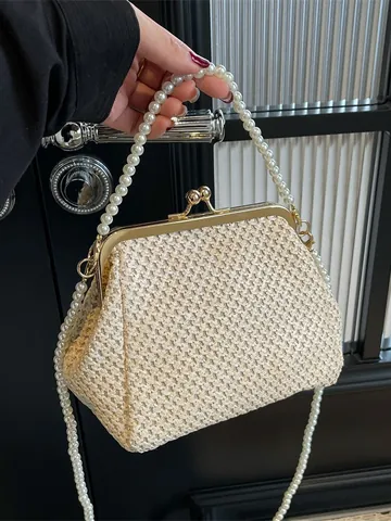 Vintage Woven Straw Shell Handbag With Faux Pearl Handle And Beaded Shoulder Strap Retro Elegant Evening Clutch For Women