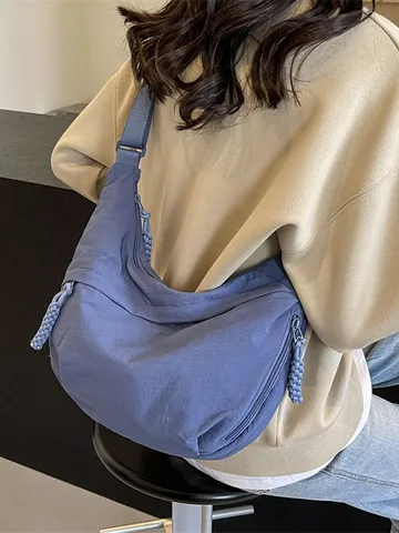 Women Casual Nylon Crescent Crossbody Bag Lightweight Dumpling Shoulder Bag With Adjustable Wide Strap Woven Zipper Pulls Solid Travel Purse