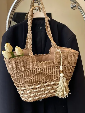 Bolso Tote de Paja Tejida Bohemio para Mujer Bolso de Hombro de Playa de Gran Capacidad Con Borla Hecho a Mano Verano