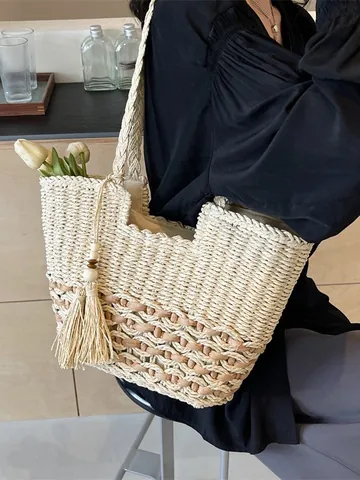 Bolso Tote de Paja Tejida Bohemio para Mujer Bolso de Hombro de Playa de Gran Capacidad Con Borla Hecho a Mano Verano