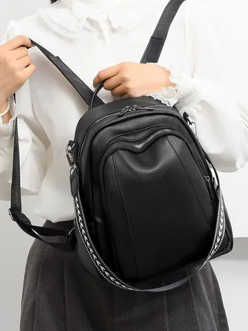 Mochila de Cuero PU para Mujer Gran Capacidad Patrón de Litchi Moda Casual Bolso de Hombro para Viaje Con Correa Tejida Decorativa Negro