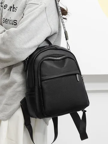 Mochila de Cuero PU para Mujer Gran Capacidad Patrón de Litchi Moda Casual Bolso de Hombro para Viaje Con Correa Tejida Decorativa Negro