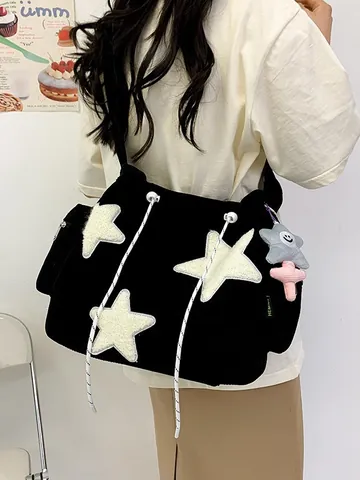 Süße Cord Stern Tote Tasche Für Damen Große Kapazität Student Schulter Umhängetasche Mit Stern Plüsch Anhänger Frischer Stil