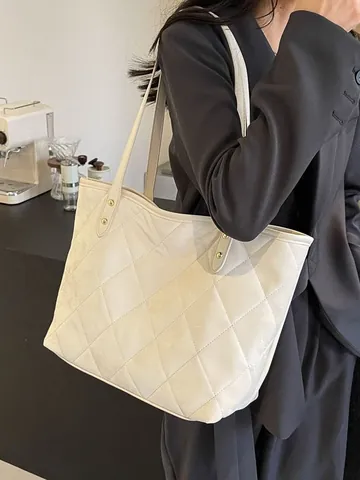 Large Capacity Rhombic Quilted Velvet Tote Bag For Women Fashion Streetwear Commuter Shoulder Bag Soft Casual Handbag