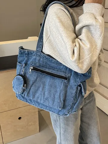 Large Capacity Denim Tote Bag For Women Retro Washed Shoulder Bag With Round Coin Purse Multi Pocket Casual Bag