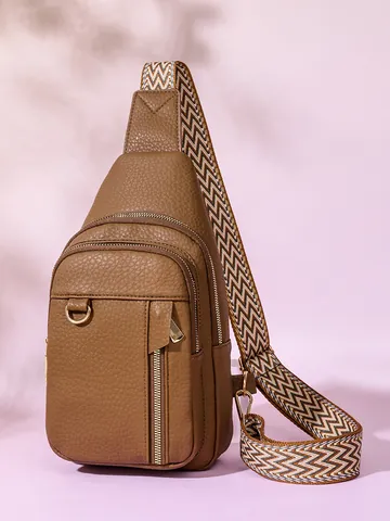 Women PU Leather Litchi Grain Chest Bag Multi-Pocket Crossbody Sling Bag With Geometric Woven Strap And Headphone Hole