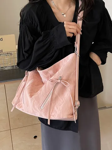 Borsa Tote da Donna in Pelle PU Crespata a Grande Capacità Zaino Casual con Decorazione a Fiocco per Studenti Uso Quotidiano