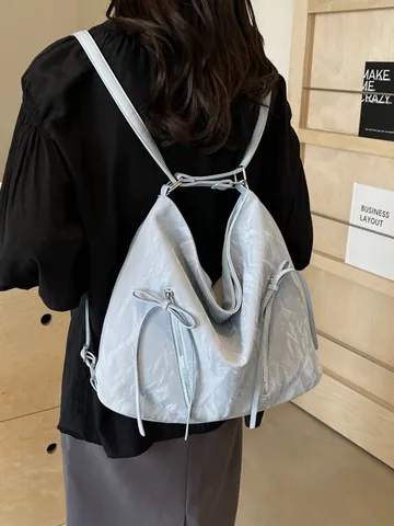 Borsa Tote da Donna in Pelle PU Crespata a Grande Capacità Zaino Casual con Decorazione a Fiocco per Studenti Uso Quotidiano