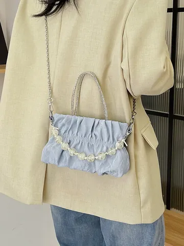 Women Fashion Pleated Cloud Handbag PU Leather Rhinestone Handle Artificial Pearl Bead Chain Crossbody Shoulder Bag Elegant Lady Gift