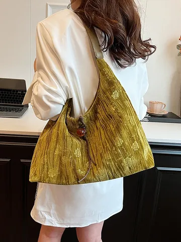 Damen Vintage Geprägte Blumen Samt Tragetasche Große Kapazität Cord Hobo Schultertasche Mit Perlen-Kordelzug Deko