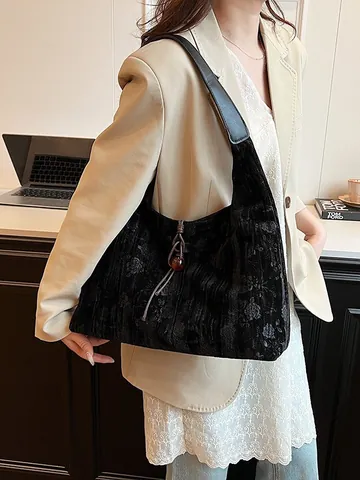 Damen Vintage Geprägte Blumen Samt Tragetasche Große Kapazität Cord Hobo Schultertasche Mit Perlen-Kordelzug Deko